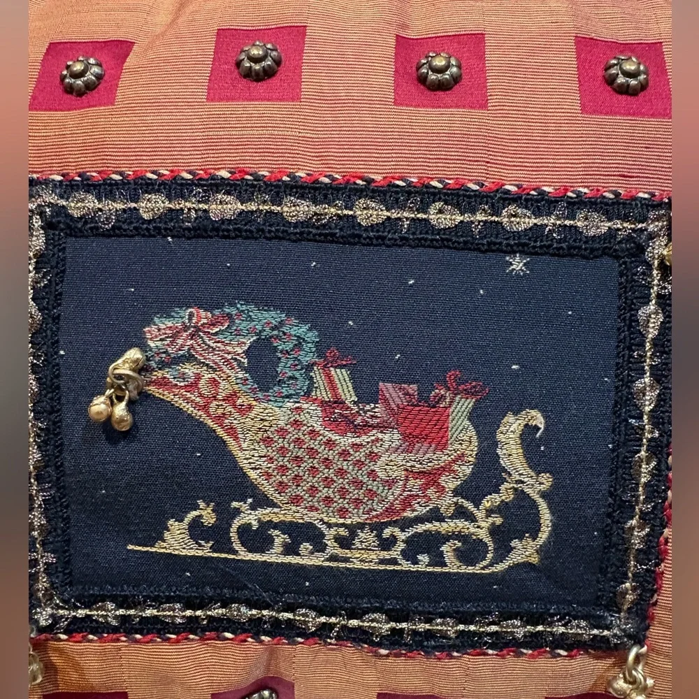 Sweet Dreams Holiday Sleigh 🛷 Decorative Red and Gold Holiday Pillow with Bells